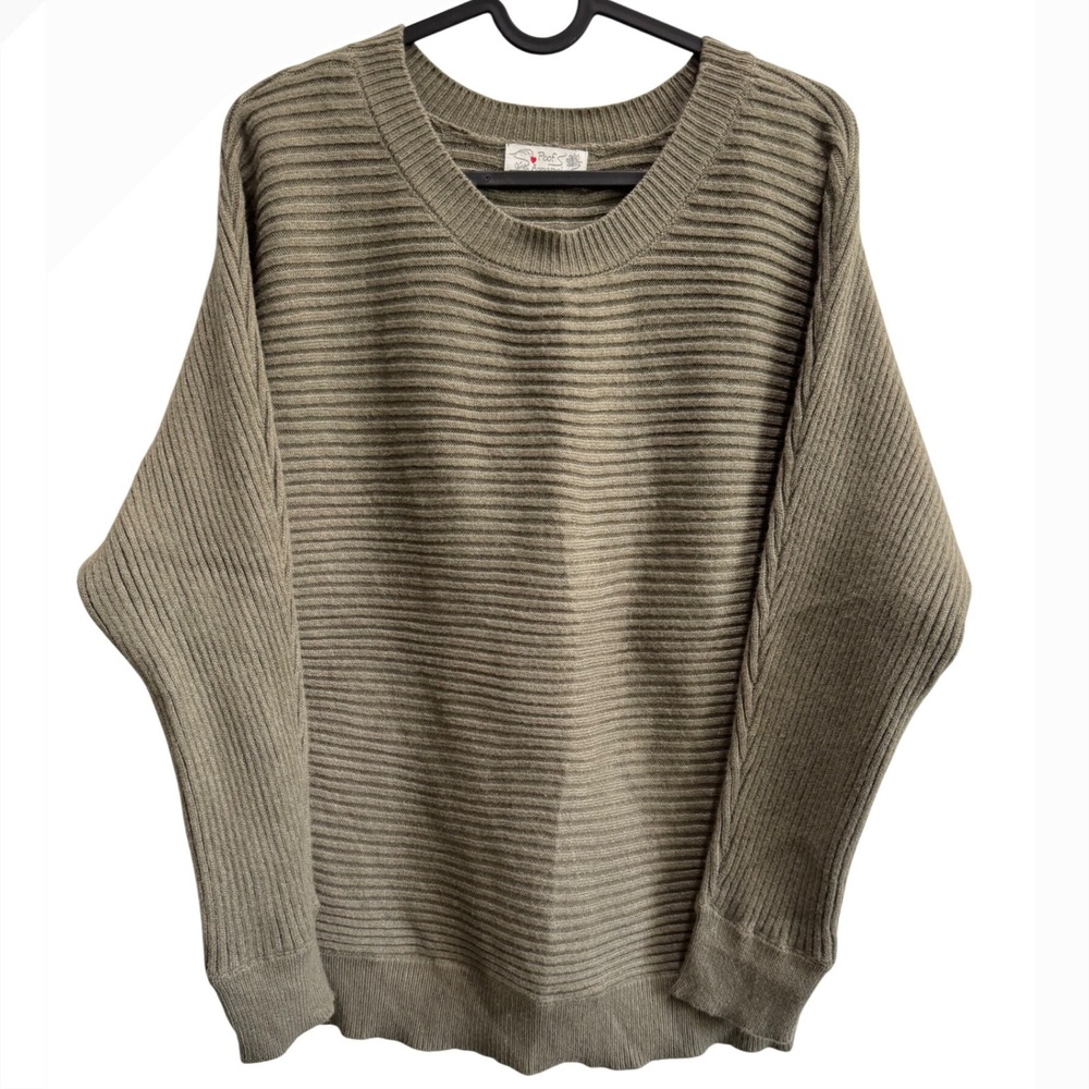 Poof Apparel Large Knit Sweater Ribbed Olive Green Casual Pullover Womens